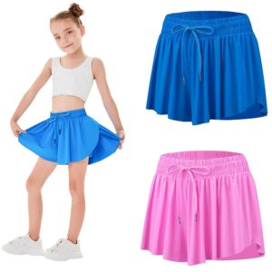 2 Pack Girls Athletic Flowy Shorts with Pockets Butterfly Running Active Workout Sports Elastic Waist Skorts for Kids