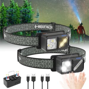 2 Pack Rechargeable LED Headlamp, 2500 Lumen, 7 Lighting Modes, Motion Sensor, Waterproof, Magnetically Attractable, 90Adjustable, Embedded Hook, Detachable, Black