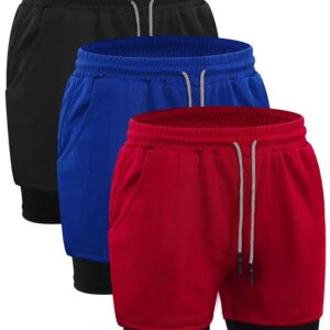 3 Pcs Men's 2 in 1 Workout Running Shorts Athletic Gym Shorts with Liner Quick Dry Shorts with Side Pockets and Towel Loop