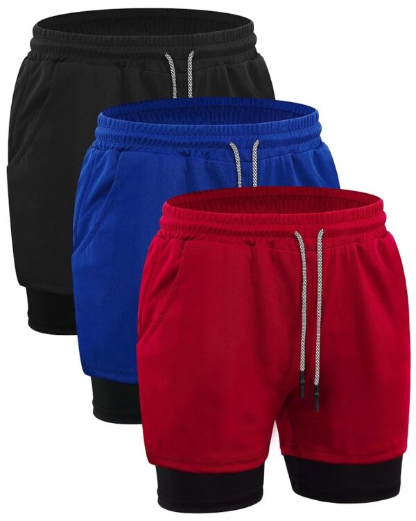 3 Pcs Men's 2 in 1 Workout Running Shorts Athletic Gym Shorts with Liner Quick Dry Shorts with Side Pockets and Towel Loop