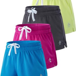 4 Pack: Girls Athletic Shorts with Pockets, 3" Dry Fit Running Shorts for Kids Teens Soccer Basketball