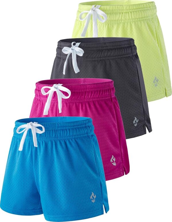 4 Pack: Girls Athletic Shorts with Pockets, 3" Dry Fit Running Shorts for Kids Teens Soccer Basketball