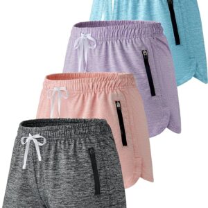 4 Pack Youth Girls Athletic Shorts 3", Girls Soccer Shorts, Kids Workout Gym Clothes Activewear Apparel with Zipper Pockets