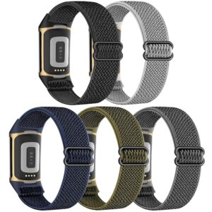 5 Pack Stretchy Nylon Compatible with Fitbit Charge 6 Bands/Fitbit Charge 5 Bands for Women Men, Elastic Adjustable Straps Sport Replacement Wristbands for Fitbit Charge 5/6 Watch