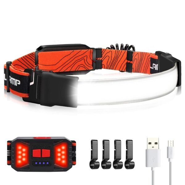 Adelante LED Headlamp Flashlight, 1000LM 230°Wide-Beam USB Rechargeable Head Light with Taillight(Individual Control) & 4 Clips Waterproof Headlight Headlamps for Running,...