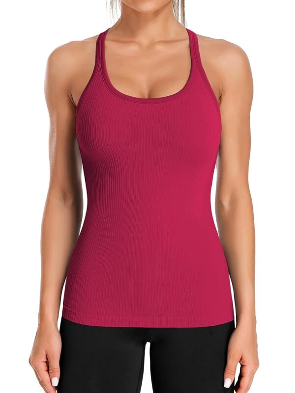 ATTRACO Ribbed Workout Tank Tops for Women with Built in Bra Tight Racerback Scoop Neck Athletic Top