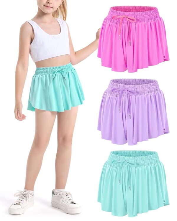 Auranso Girls Flowy Shorts with Pocket 2-in-1 Athletic Running Butterfly Shorts