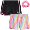 Body Glove Girls' Shorts - 2 Pack Athletic Performance Dry Fit Dolphin Gym Shorts, Scrunchie (7-12)