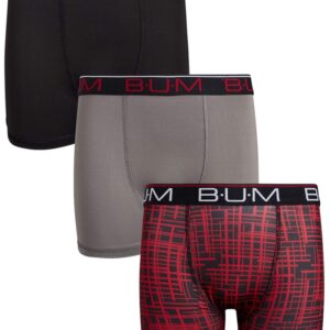 B.U.M. Equipment Boys’ Underwear – 3 Pack Performance Boxer Briefs (Size: 8-18), Size 8-10, Charcoal/Red/Black