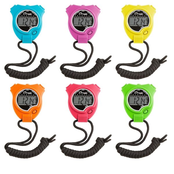 Champion Sports Stopwatch Timer Set: Waterproof, Handheld Digital Clock Sport Stopwatches with Large Display for Kids or Coach - Bright Colored 6 Pack