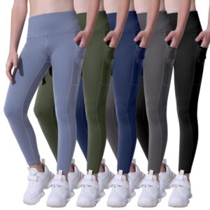 CHRLEISURE Girls' Athletic Leggings with Pockets, 5 Packs Kids Teen Dance Yoga Workout Running Pants for 5-15 Years