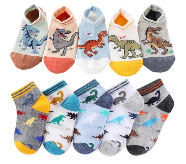 CHUNG Boys Cotton Ankle Socks 5/10 Pack Low Cut Dinosaur Mesh 2-9Y Light Weight Back School Running Sports Casual