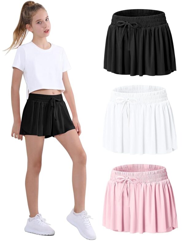 EXARUS Girls Butterfly Shorts Flowy Athletic 2 in 1 Cheer Dance Flutter Skirt Skort Running Gym Preppy Kids Apparel