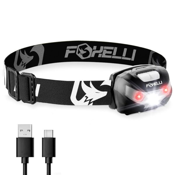 Foxelli Rechargeable LED Headlamp - Super Bright, Lightweight, and Comfortable Head Light for Running, Camping, Hiking, and Work, Suitable for Adults and Kids