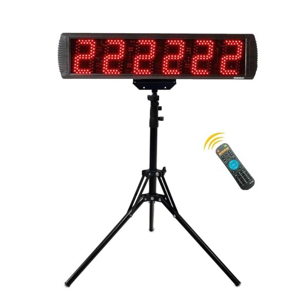 GANXIN Portable 5'' High 6 Digits LED Race Clock with Tripod for Running Events, Countdown/up Digital Race Timer, 12/24-Hour Real Time Clock, Stopwatch by Remote Control, Red Color