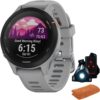 Garmin 010-02641-02 Forerunner 255S GPS Smartwatch, Powder Grey Bundle with Workout Cooling Sport Towel and Deco Essentials Wearable Commuter Front and Rear Safety Light