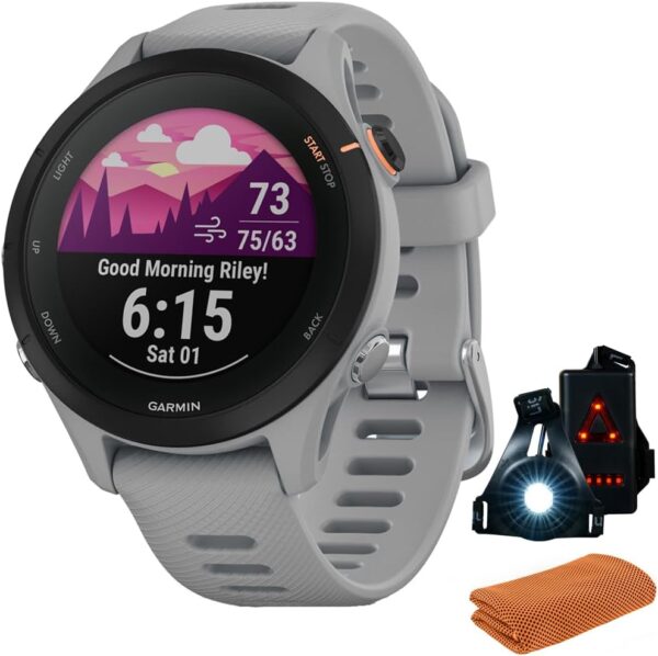 Garmin 010-02641-02 Forerunner 255S GPS Smartwatch, Powder Grey Bundle with Workout Cooling Sport Towel and Deco Essentials Wearable Commuter Front and Rear Safety Light