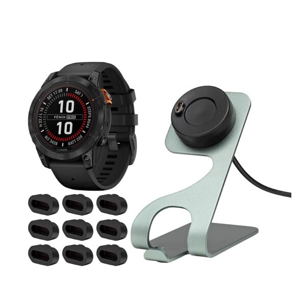 Garmin Fenix 7 Pro Solar Edition Multisport GPS Smartwatch (Silver with Graphite Band) Bundle with Charger Port Protector (9-Pack) and Portable Charger Stand (3 Items)