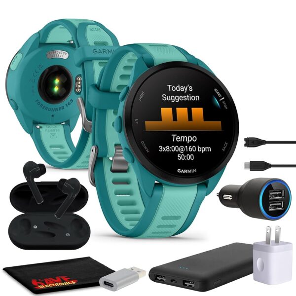 Garmin Forerunner 165 Music GPS Running Smartwatch, Fitness Tracker Smart Watch for Women and Men Bundle with Accessories - Turquoise/Aqua