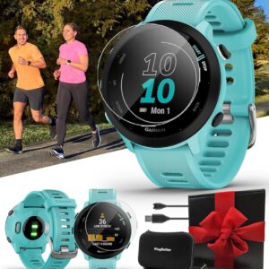 Garmin Forerunner 55 (Aqua) GPS Running Watch | Beginner Heart Rate Monitor Watch with Time, Pace & Speed Tracker | Gift Box Bundle Wall Adapter, Tempered Glass Screens & Case