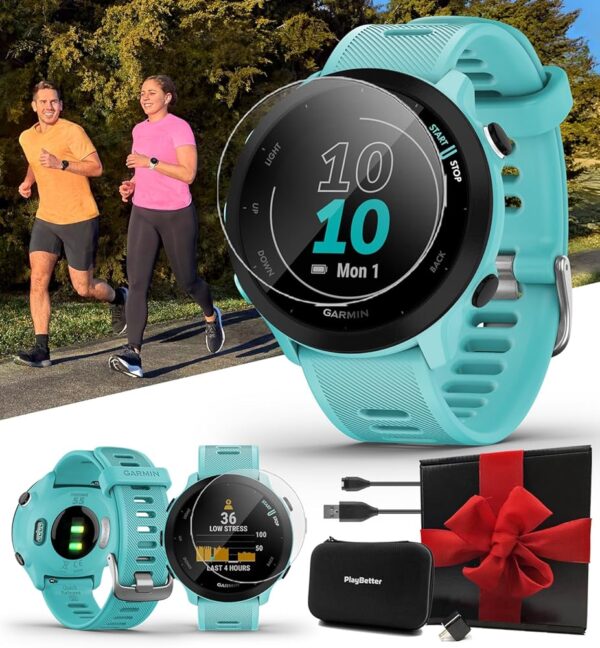 Garmin Forerunner 55 (Aqua) GPS Running Watch | Beginner Heart Rate Monitor Watch with Time, Pace & Speed Tracker | Gift Box Bundle Wall Adapter, Tempered Glass Screens & Case