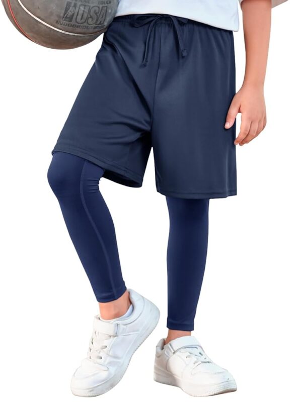 Haloumoning Boys Sports Leggings with Shorts Kids 2 in 1 Running Workout Athletic Legging Pants 5-14 Years