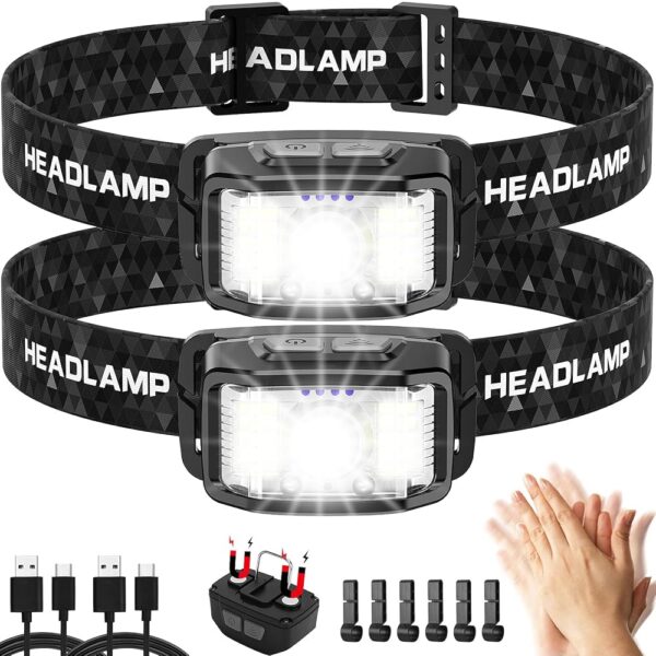 Headlamp Rechargeable,2 Pack 2000 Lumen Ultra Bright Led Headlamp,16 Modes Motion Sensor Head Lamp,Waterproof Lightweight White Red LED Flashlight for...