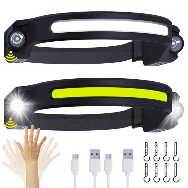 Headlamp Rechargeable LED Head Lamp 2PCS - 260° Wide Beam & Spotlight HeadLamps with Motion Sensor for Adults, 6 Modes Waterproof Head Light Flashlight for Repairing, Hiking,...