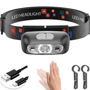 Headlamp, USB-C Rechargeable,90-Degree Adjustable,Flashlight with Motion Sensor,Waterproof Lightweight 42g,Bright Headlamps for Running,Camping,Running