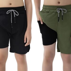 IRELIA 2 Pack Boys 2 in 1 Running Shorts Kids Box Brief Liner Compression Active Sports Shorts