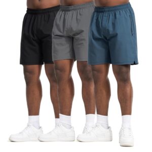 Mens Running Athletic Shorts 3 Pack Dry Fit Gym Workout Shorts with Zipper Pockets Drawstring Basketball Short