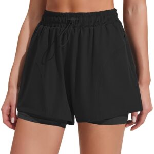 PINSPARK Athletic Shorts for Women High Waisted Workout Short 2 in 1 Running Shorts Gym Shorts with Zipper Pockets