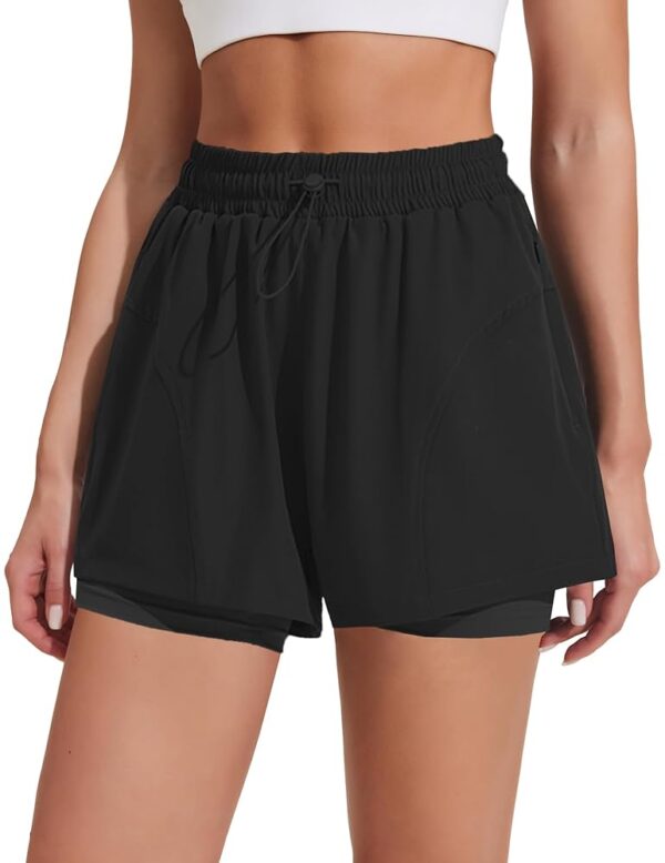 PINSPARK Athletic Shorts for Women High Waisted Workout Short 2 in 1 Running Shorts Gym Shorts with Zipper Pockets