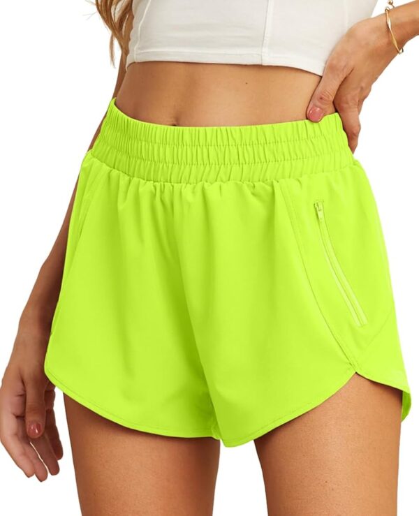 PrinStory Women's Running Shorts Summer High Waisted Quick Dry Athletic Work Out Gym Zipper Pocket Shorts with Liner