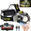 Rechargeable Headlamp, 180000 LM Ultra Bright Headlamps, 9Mode, Motion Sensor, Zoom, Digital Display, Headlamp Battery Powered with 3Mode Red Light,Waterproof Led Headlamp for...