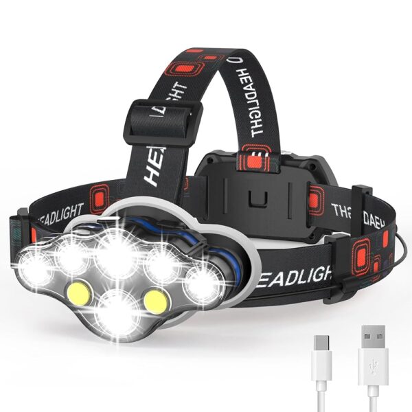 Rechargeable Headlamp,20000 High Lumen Bright 8 LED Head Lamp with Red White Light, IPX4 Waterproof Headlight,8 Mode Head Flashlight for Outdoor Running Hunting Fishing Hiking...