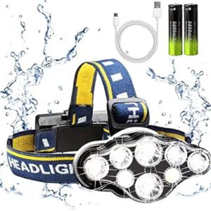 Rechargeable Headlamp, 8 LED 18000lm IPX4, Red Light Flashlight, USB Cable 8 Modes Outdoors Camping Running Fishing Hiking (Yellow Headband)