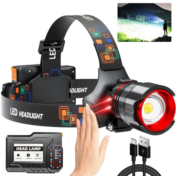 Rechargeable Headlamp 900000 High Lumens, Super Bright LED Head Lamp with Motion Sensing, 5 Modes, IPX7 Waterproof, 90° Adjustable, Zoomable Headlamp for Outdoor Camping,...