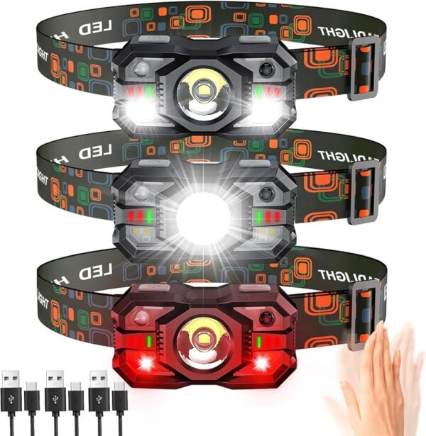 Rechargeable Headlamp Flashlight 3-Pack, 2000 Lumen Super Bright LED Headlight with Red Light, Motion Sensor for Adults Kid, Waterproof Lightweight Head Lamp for Outdoor Camping...