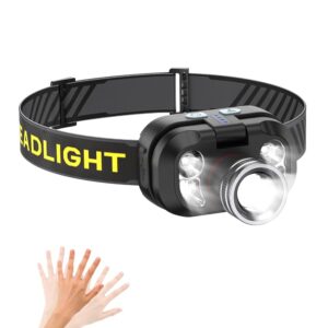 Rechargeable Headlamp, Ultra Bright LED Headlight Flashlight with Motion Sensor, 6 Light Modes, Zoomable, IPX4 Waterproof Head Lamp for Running, Outdoor, Reading, Biking, Fishing