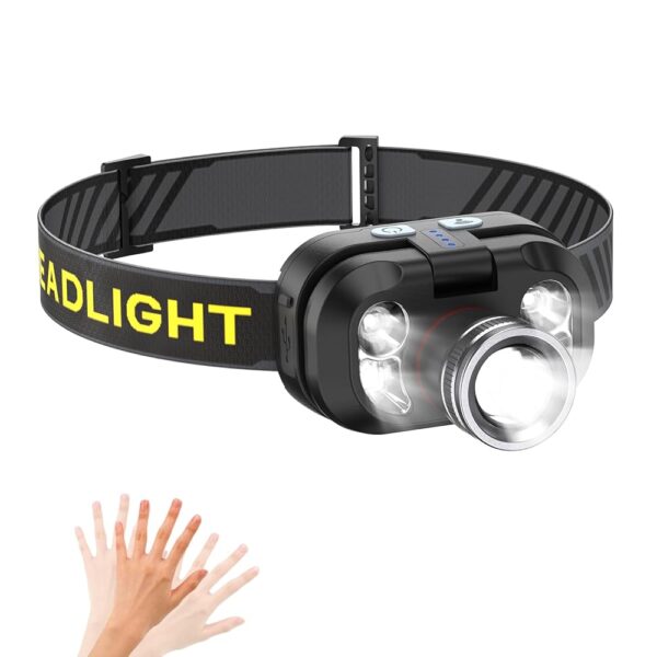 Rechargeable Headlamp, Ultra Bright LED Headlight Flashlight with Motion Sensor, 6 Light Modes, Zoomable, IPX4 Waterproof Head Lamp for Running, Outdoor, Reading, Biking, Fishing