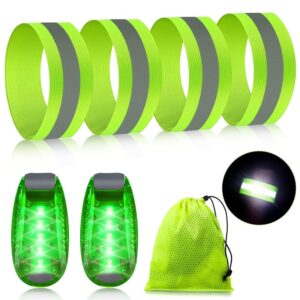 Reflective Running Gear Set Include 2 Pieces LED Safety Lights and 4 Reflective Bands for Wrist Arm Ankle Leg Reflective Straps Tape High Visibility Reflector Bands Strobe...