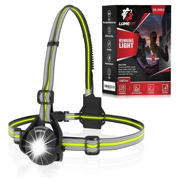 Running Lights for Runners with Yellow Reflective Vest, Adjustable Beam Night Safety LED Chest Light Run, Dog Walking, and Jogging Gear, Rechargeable Headlamp Flashlight