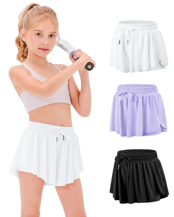 Stelle Girls Flowy Shorts with Pockets Athletic Running Skirt High Waist Butterfly 2 in 1 Sports Short 5-16 Years