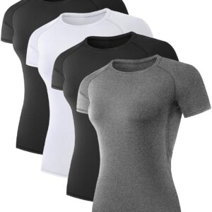 TELALEO 4 Pack Women's Compression Shirt Running Athletic T-Shirts Workout Tops Baselayer Short Sleeve Yoga Gym Sports Gear