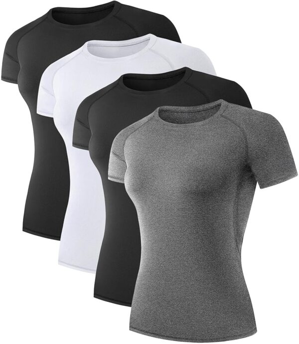 TELALEO 4 Pack Women's Compression Shirt Running Athletic T-Shirts Workout Tops Baselayer Short Sleeve Yoga Gym Sports Gear