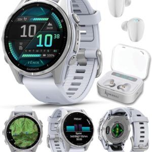 Wearable4U Garmin Fenix 8 – 43 mm, AMOLED Multisport GPS Smartwatch, Silver with Whitestone Silicone Band, Built-in LED Flashlight White Earbuds Bundle