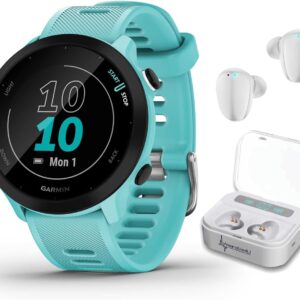 Wearable4U Garmin Forerunner 55 GPS Running 42 mm Watch with Daily Suggested Workouts, Aqua White Earbuds Power Bundle