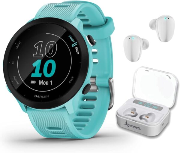 Wearable4U Garmin Forerunner 55 GPS Running 42 mm Watch with Daily Suggested Workouts, Aqua White Earbuds Power Bundle