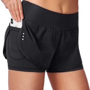 Women's 2 in 1 Running Shorts High Waisted Spandex Shorts Gym Yoga Workout Athletic Shorts for Women with Zipper Pockets